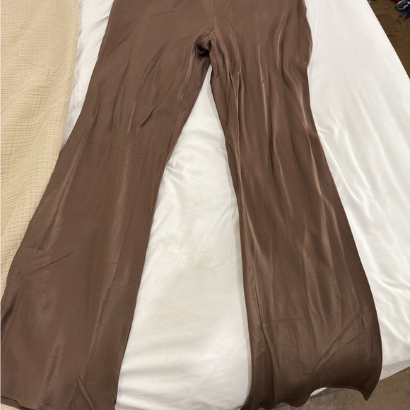 Anthropologie Brown Satin Wide Leg Pants | Silky Draped Trousers Size L - Picture 4 of 5